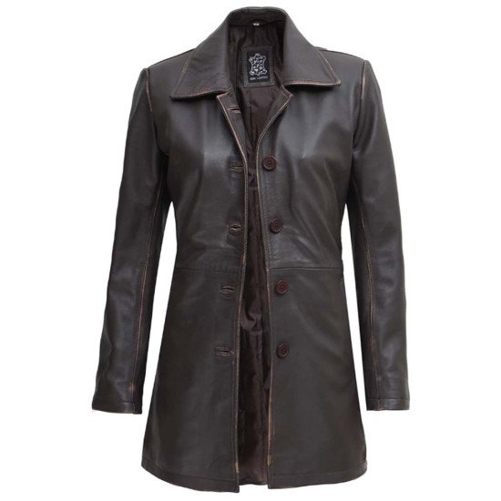 Womens 3 Quarter Length Distressed Brown Leather Coat