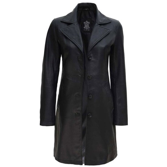 Womens Long Black Leather Coat