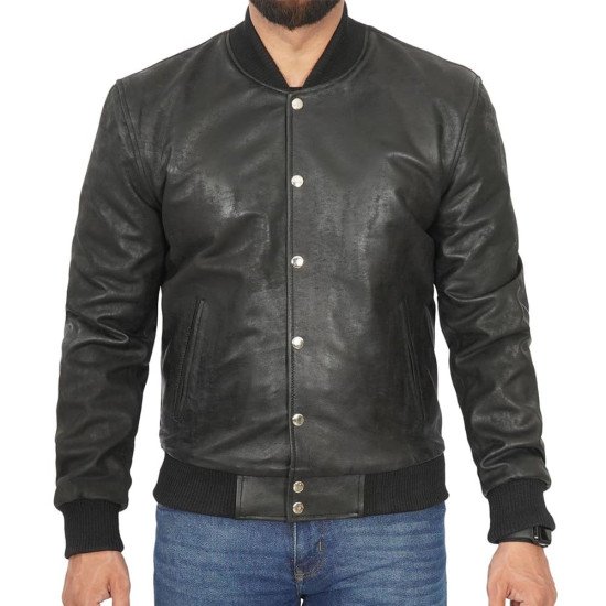 Bomber Snuff Black Letterman Leather Jacket