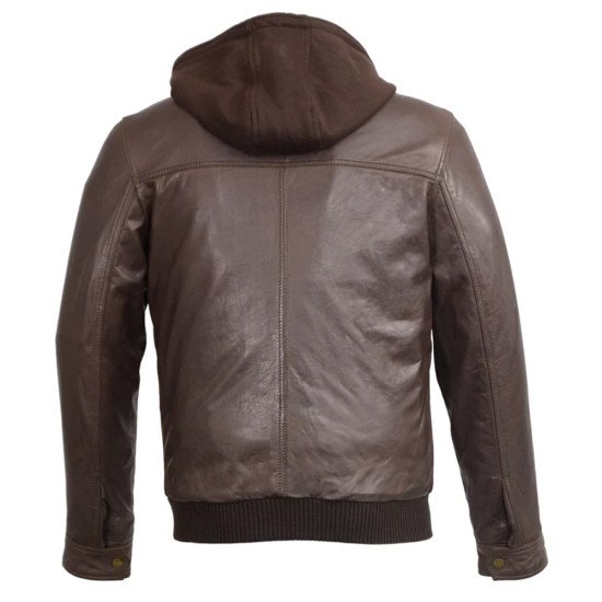 Brown Leather Bomber Jacket with Zip Off Hoodie