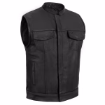 Mens Motorcycle Leather Vest with Collar