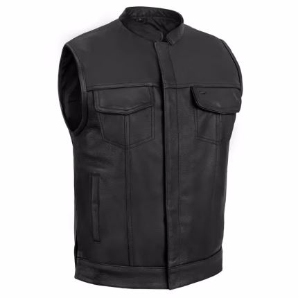 Mens Motorcycle Leather Vest with Collar