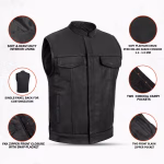 Mens Motorcycle Leather Vest with Collar - Image 3