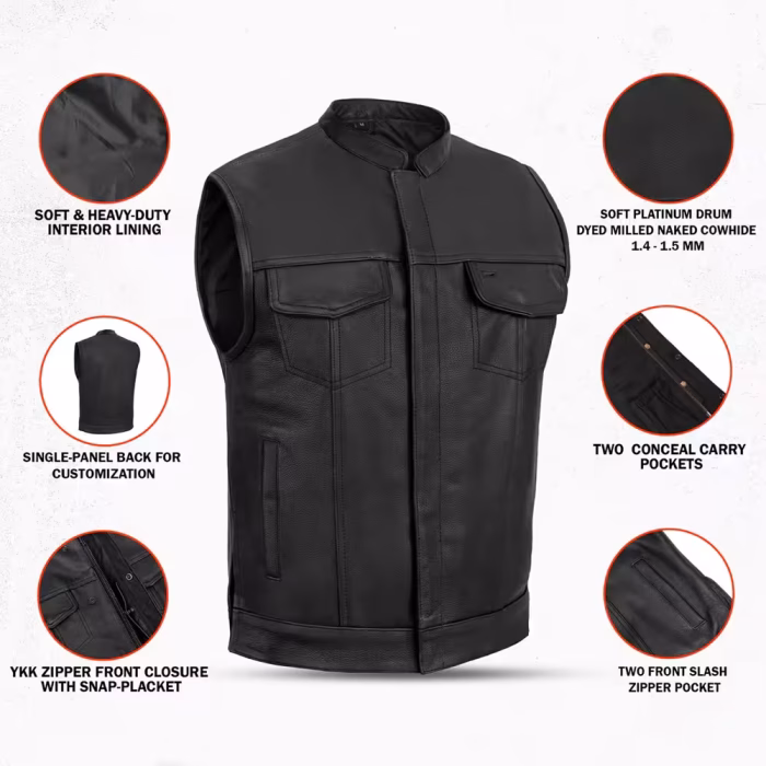 Mens Motorcycle Leather Vest with Collar - Image 3