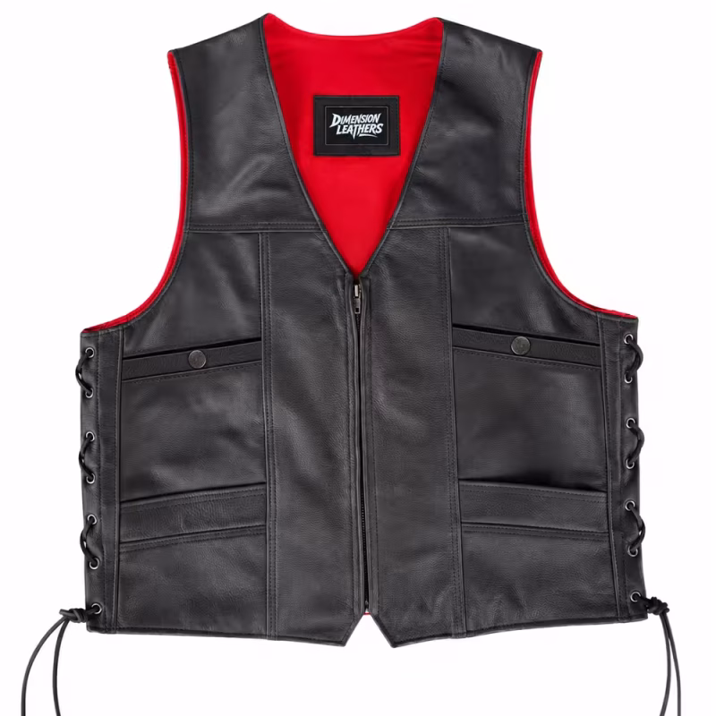 Mens Laced Motorcycle Vest with Red Lining